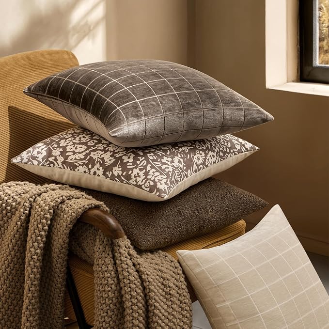 MIULEE Brown Plaid Decorative Fall Lumbar Pillow Covers 12x20 Set of 2 | Vintage, Check Chenille Couch Pillows, Boho Farmhouse Cushion Covers, Modern Home Decor for Sofa Bed Living Room