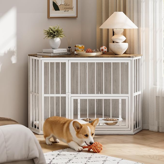 Corner Dog Crate Furniture for Small Dogs, Indoor Kennel, Washed White