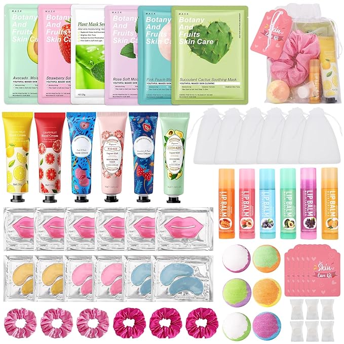 60PCS Spa Party Supplies for Girls, Include Facial Masks, Lip Mask, Under Eye Patches, Lip Balm, Foot Bath Bombs, Hand Cream, Compressed Towel, Hair Band, Sleepover Party Supplies for Girls