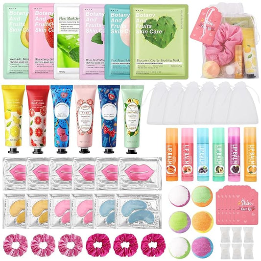 60PCS Spa Party Supplies for Girls, Include Facial Masks, Lip Mask, Under Eye Patches, Lip Balm, Foot Bath Bombs, Hand Cream, Compressed Towel, Hair Band, Sleepover Party Supplies for Girls