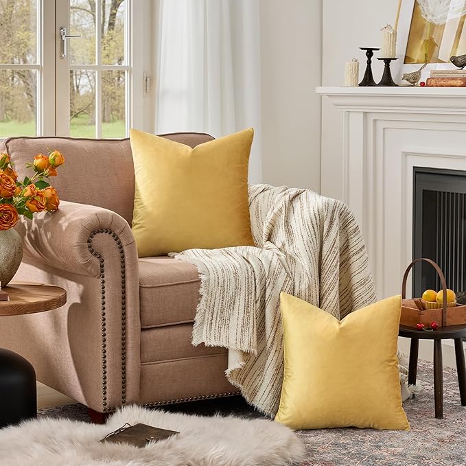 GIGIZAZA Decor Throw Couch Pillow Covers,Set of 2 Sofa Cushion Yellow Pillow Covers,Velvet Pillow Cases 24 x 24inch | Throw Pillows for Couch Sofa,280gsm Soft Textured Fabric,Modern Square Pillowcases,Luxury Cushion Covers