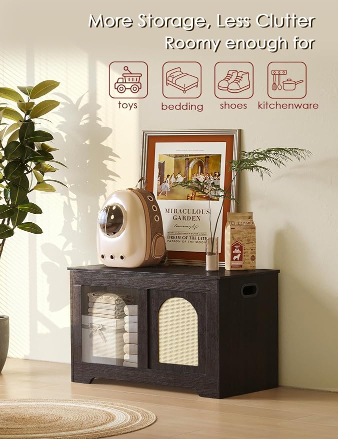 Storage Chest, Wooden Toy Box, Espresso Oak 31.5" L | Entryway Shoe Bench, 2 Safety Hinges, Finger-safe Flip-Top, Easy Assembly, Farmhouse Large Trunk, Rattan, Living Room/Bedroom