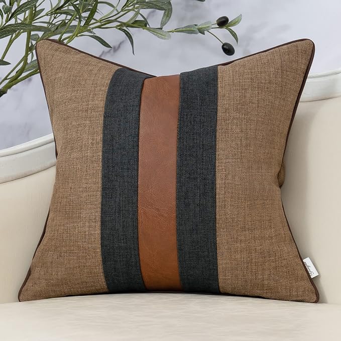 Patchwork Pillow Cover 18x18 Inch Luxury Cotton and Linen Cushion Cover Faux Leather Pillowcover for Couch Bedroom Living Room, Brown