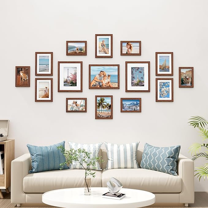 Vittanly 15 Pack Picture Frames Collage Wall Decor, Wall/Tabletop Display | Walnut Brown, Multi-Size Gallery Wall Frame Set: 3pcs 8x10, 6pcs 5x7, 6pcs 4x6. Picture Frame Set for Family