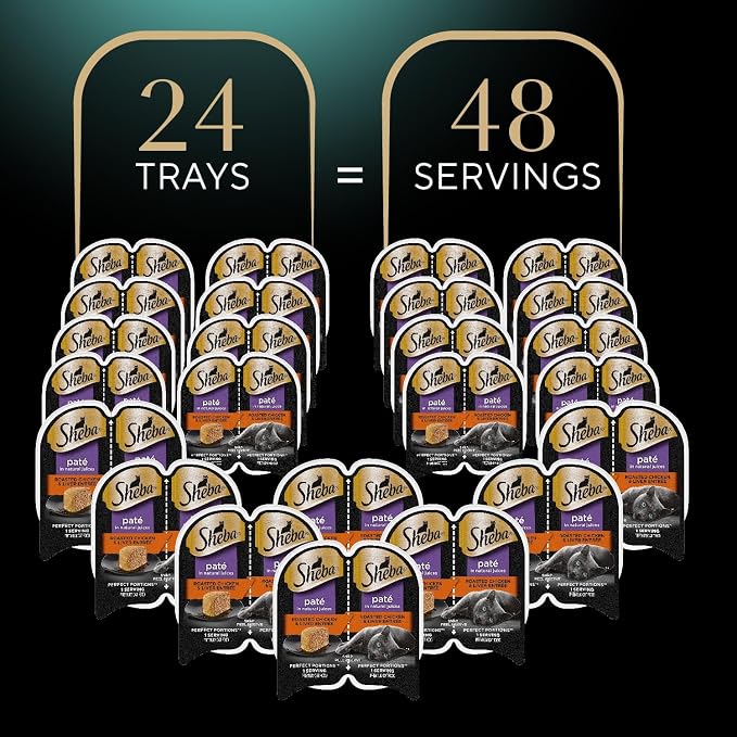 Sheba Perfect Portions Pate Wet Cat Food, Chicken & Liver, 2.6 oz, 24 ct | Grain-free, made in USA, 48 servings, no fillers, real meat, complete & balanced all life stages, twin-pack trays