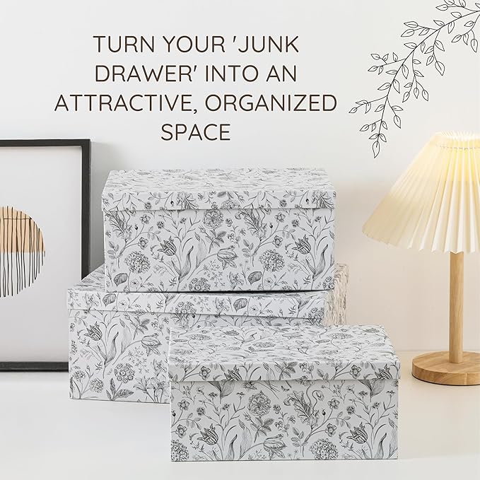 Soul & Lane - Modern Meadow Decorative Storage Boxes with Lids, Set of 3 | Large Nesting Cardboard Keepsake Boxes for Memories, Photos and Gifts, Pretty Modern Floral Containers for Home Decor
