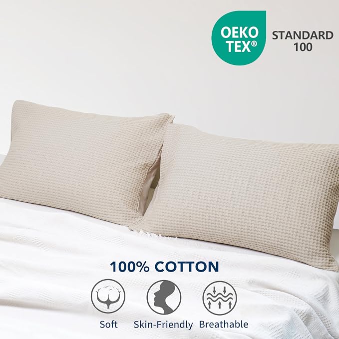 100% Egyptian Cotton Waffle Weave Pillowcases Standard Size 2 Pack | Ultra Soft Pillow Shams with Envelope Closure, Breathable Skin-Friendly Decorative Bed Pillow Case, Beige, 20"x26"