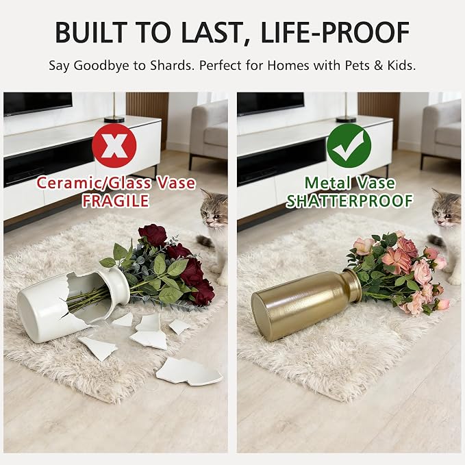 Set of 2 Champagne Gold Seamless Metal Flowers Vase Decor, 10.8" Tall Modern Matte Gold Floral Vase Pair, Shatterproof Leakproof, Elegant Home Decor Centerpiece for Table, Mantle, Shelf
