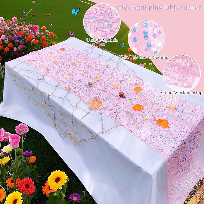 Pink Sequin Table Runner 10Ft 1Pcs, Perfect for 6 - 8 Ft Tables, Iridescent Table Runner 120" x 17" 1Pack for Wedding Baby Shower Birthday Decorations