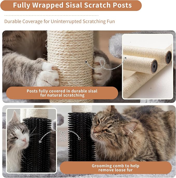 Heybly Cat Scratching Post with Grooming Brush & Gentle Step, HSP001SW | Small Cat Tree with 4 Full Sisal Posts, Removable Plush Bed, Stable & Space-Saving Cat Furniture for Indoor Cats, Light Gray