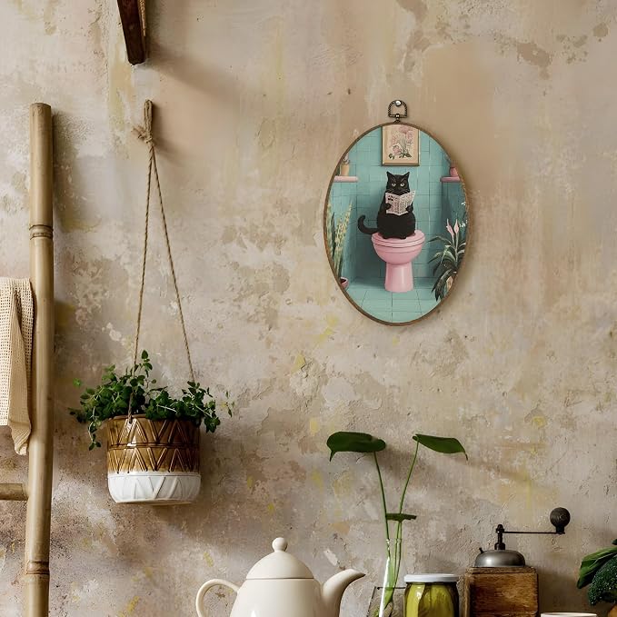 LKETW Funny Black Cat Bathroom Oval Wall Art Decor, Black Kitty Reading Newspaper on Toilet Oval Canvas Hanging Decor, Funny Cat Wall Decorations for Bathroom Restroom Washroom Toilet, 8.6x11.4 Inch