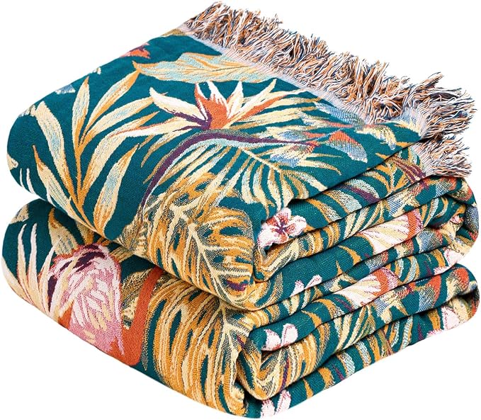 MSGKV Boho Throw Blanket 60"x80" 100% Cotton Jungle Animal Throw for Couch | 100% Cotton Throw, Jungle Animal Pattern, Reversible Woven, Breathable Lightweight, Couch Home Decor, Machine Washable