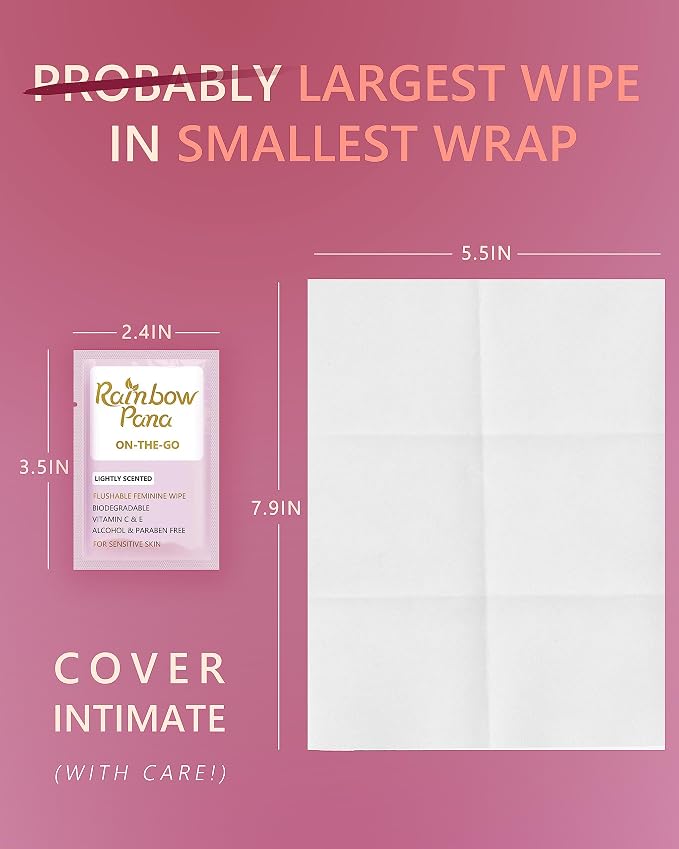 RainbowPana Feminine Wipes, 120 Count ON-THE-GO Individually Wrapped | Flushable Wipes, Travel Wipes for Women, Aloe, Portulaca, Vitamin E | pH Balanced