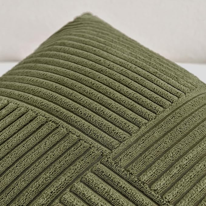 Fancy Homi 2 Packs Olive Green Lumbar Decorative Throw Pillow Covers 16x26 Inch for Living Room Couch Bed, Farmhouse Boho Home Decor, Soft Striped Corduroy Rectangle Accent Cushion Case 65x40 cm