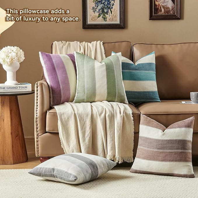 Pack of 2 Farmhouse Stripe Check Throw Pillow Covers Set Case Cotton Linen Decorative Pillowcases Cushion Cover for Couch Bench Sofa 22x22 Inch Sage Green