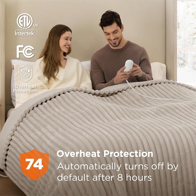 Bedsure Electric Blanket Queen Size - Thick Striped Flannel Electric Blanket with Dual Control, Heating with 6 Heat Settings & 6 Time Settings, 8 hrs Timer Auto Shut Off (84x90 inches, Linen)