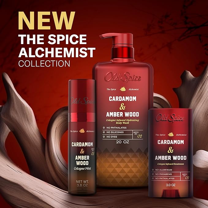 Old Spice Body Wash for Men, The Spice Alchemist Collection, 24/7 Cologne Infused Hydration, No Trade Off Formula, Free of Phthalates Silicones & Dyes, Cardamom + Amber Wood Scent, 20 oz