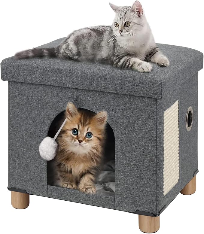 BRIAN & DANY Cat Beds for Indoor Cats,Cat Cave House for Kitten with Scratch Board & Ball, 14.7” x 12.7” x 14.1”, Gray