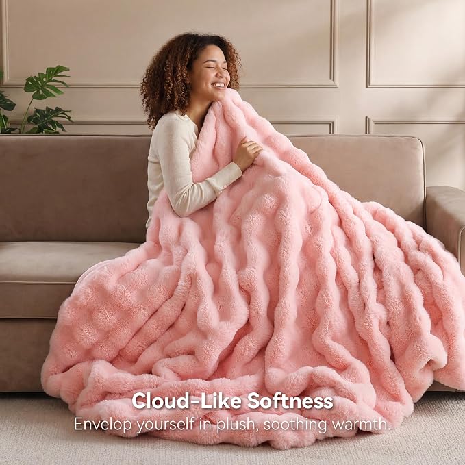 Faux Rabbit Fur Throw for Couch - Blush Pink Bubble Blanket 50"x60" | Fluffy Plush Fuzzy Throw for Sofa & Bed, Super Soft Cozy Comfrt Blanket, Luxury Aesthetic Pink Decor Gift for Women