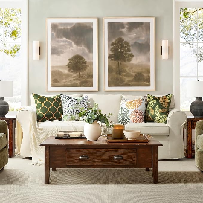 Phantoscope Set of 4 New Living Series Leaf Geometric Throw Decorative Velvet Pillow Cover Cushion Cover, Dark Yellow and Green 12 x 20 inches 30 x 50 cm