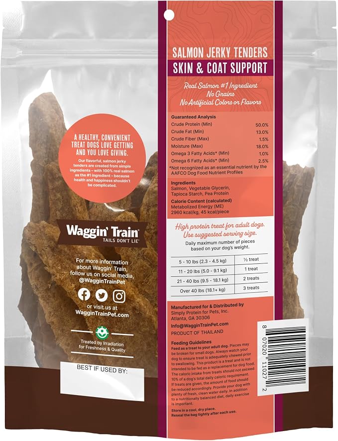 Waggin' Train Salmon Jerky Dog Treats for Skin and Coat Support, Made with 100% Real Salmon, No Grains and No Artificial Flavors or Colors, High Protein Dog Treat, Easily Digestible, 36 oz. Pouch