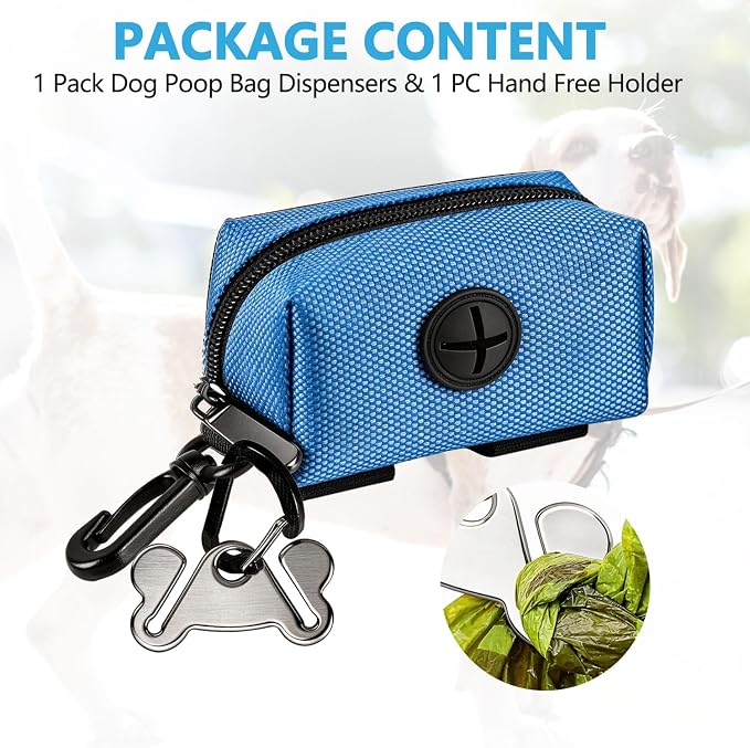 Dog Waste Bag Dispenser Pet Poop Bags Holder for Doggie Waste Bags Dispensers Soft Fabric Zipper Small Doggy Puppy Pouch for Leash Accessory Attachment with Carrier,Blue