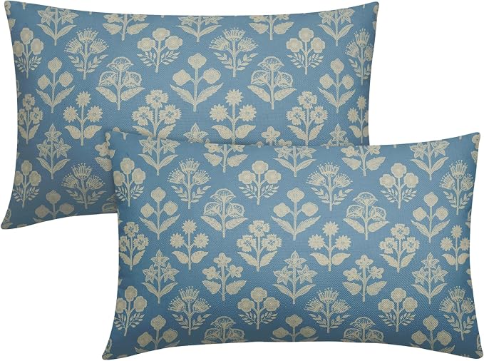 Light Blue Pillow Covers 12x20 Inch Set of 2, Cream Floral Block Print Pattern Lumbar Decorative Throw Pillowcases Outdoor Farmhouse Rectangle Cushion Covers Spring Summer Sofa Couch Bed Decor