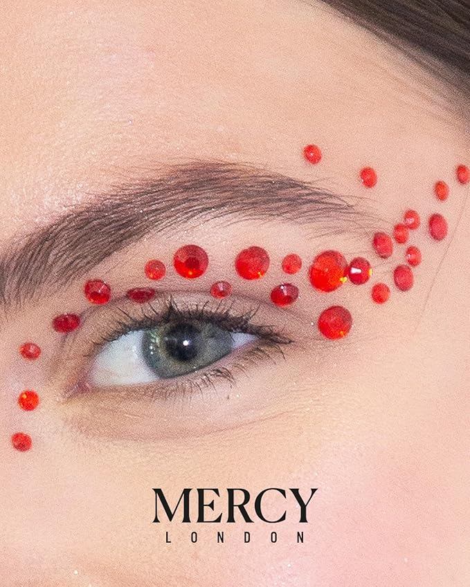 MERCY LONDON Face Gems in Red, 866 Self Adhesive Makeup Face Gem Stickers, 4 Sheets, Reusable Eye Gems, DIY Face Gems