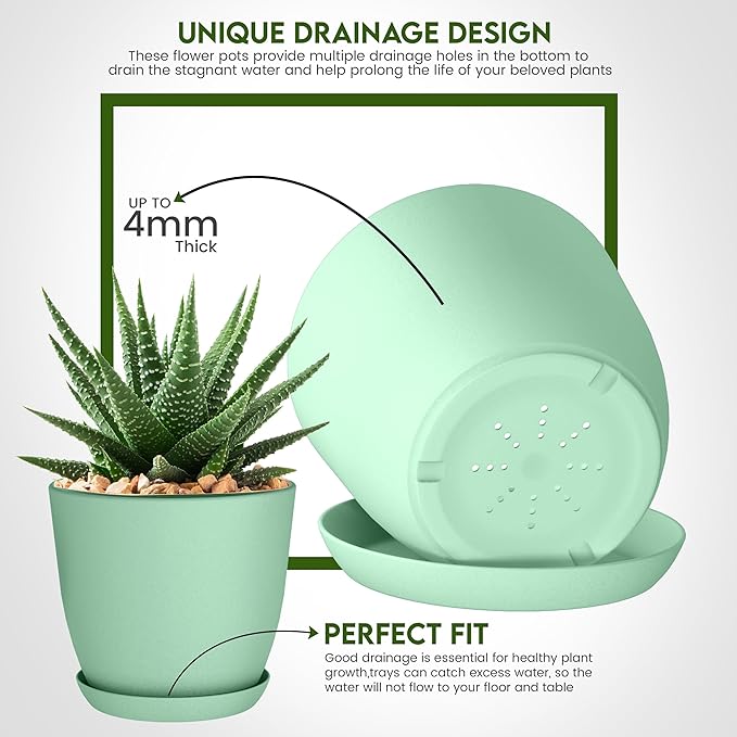 Plant Pots Indoor with Drainage, 10 Pack Multi-Size Planters Set, Mint | Drainage holes included Multiple sizes 7/6.6/6/5.3/4.8 In Indoor plants and flowers Durable plastic construction