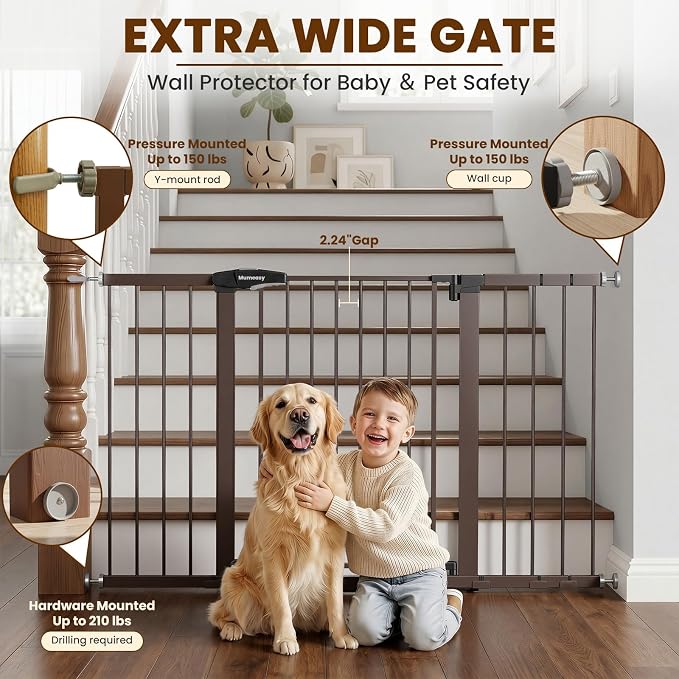 Mumeasy 29.7-54.2" Baby Gate for Stairs, Pressure Mounted Dog Gate for Doorways, Extra Wide Walk Thru Safety Pet Gate for Doors with Auto Close, Easy Install Child Gate for Hallway Indoor House, Brown
