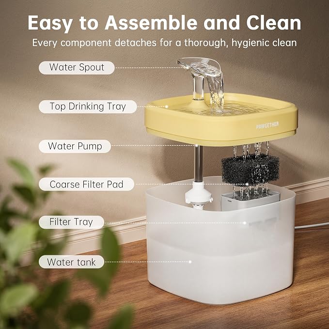 PAWGETHER® Cat Water Fountain with Wireless Pump 51oz/1.5L Dog Water Fountain, Ultra Quiet Automatic Pet Water Fountain Portable Indoor Ourdoor Travel Small Dog Water Dispenser with Adapter Yellow