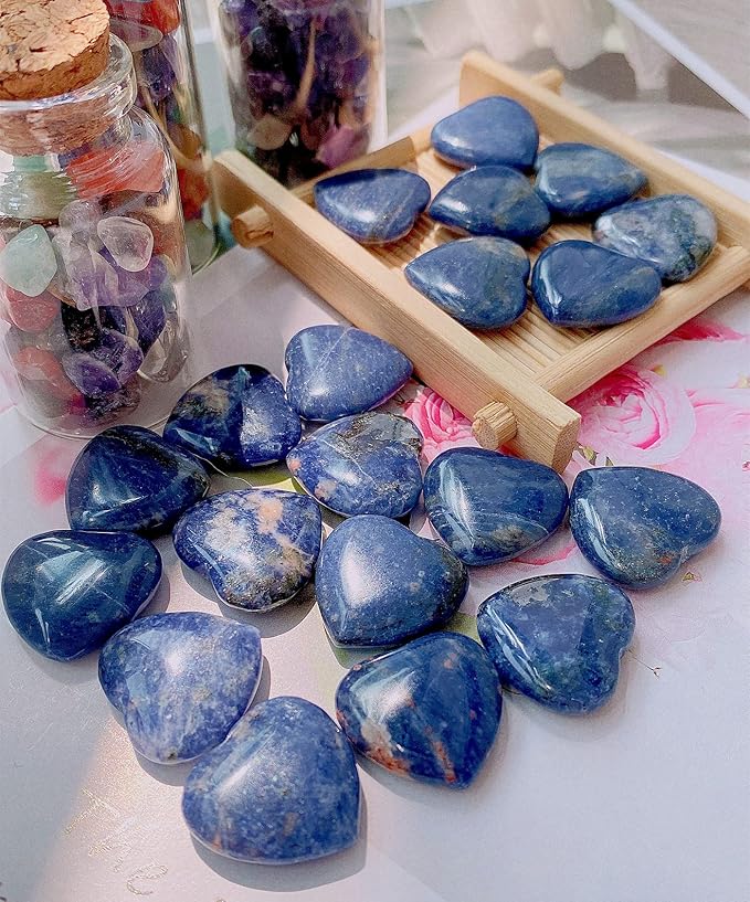 QINJIEJIE 20 PCS Sodalite Heart Crystals Natural Healing Crystal Polished Pocket Stones Mini Cute Palm Love Gemstones Set Bulk Wholesale Reiki Energy Balancing Meditation Valentine's Day Gift