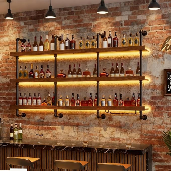 62.9in Wall Mounted Wine Rack with LED Light Solid Wood | 3-Tiers Liquor Bottles Floating Shelves Display Storage Organizer for Home Bar & Dining Room