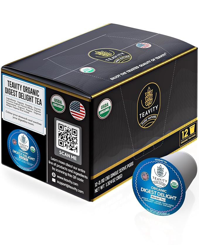 Organic Tea Pods with Ginger, Peppermint, Fennel, Licorice, & Rosehip Digest Delight by Teavity (12 Tea Pods)