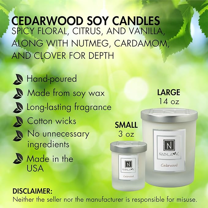 Nabila K - Cedarwood - Soy Candle with Essential Oils - Hand-Poured in USA - Cotton Wick - Aromatherapy - Blend of Cedarwood, Patchouli, Eucalyptus, Vanilla, Lemon, Eucalyptus & More - 14 oz