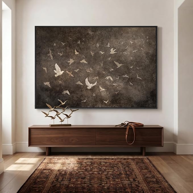 Oversized Framed Vintage Bird Wall Art for Living Room, Extra Large Brown Moody Canvas Prints Artwork for Walls, Horizontal Retro Abstract Painting Picture for Hallway Home Office Wall Decor, 72x48 In
