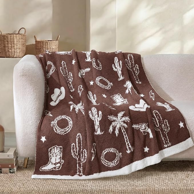 Snuggle Sac Western Throw Blanket for Couch Bed Sofa 50x60 inches, Reversible Brown Cowgirl Blanket Ultra Soft Cozy Blankets for Women Mothers Birthday Gifts