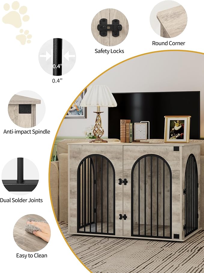 Hzuaneri 44.1'' Dog Crate Furniture,Dog Kennel Indoor for Medium/Large Dogs | Dog Kennel Furniture Wooden Dog Cage Heavy Duty Dog Crate Decorative Pet House End Side Table TV Stand,Greige Black DFC83905B
