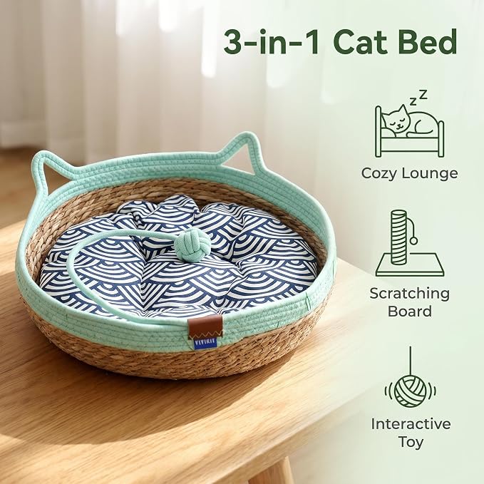 VIVIKIT Natural Cattail Cat Bed for Indoor Cats, 18.1" x 4.7" (Green) | Natural cattail, cotton trim, all season, scratch-proof, teaser ball, removable washable pad, for cats & dogs up to 22 lbs