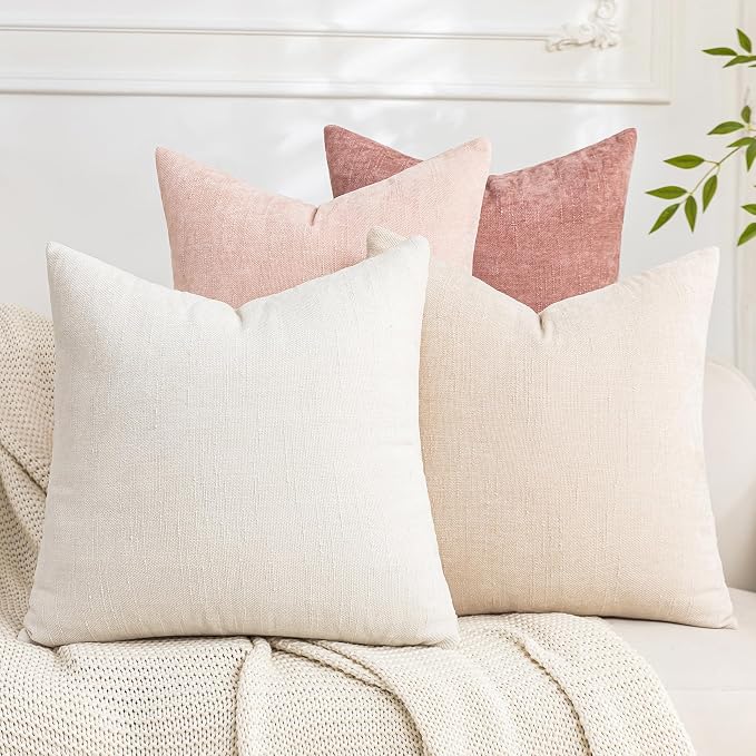 Set of 4 Soft Textured Decorative Throw Pillow Covers 22x22 Inch Cozy Farmhouse Cushion Cover Square Accent Pillow Cases for Bed Couch Sofa Living Room, White Beige Pink