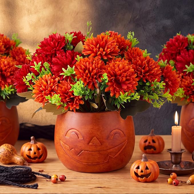 SiliFine Halloween Pumpkin Bucket with Artificial Flowers Halloween Vase | 6 Inch, Pumpkin Vase Planter Pot, Halloween Floral Centerpiece, Halloween Candy Holder, Desktop, Indoor Outdoor Holiday Decor