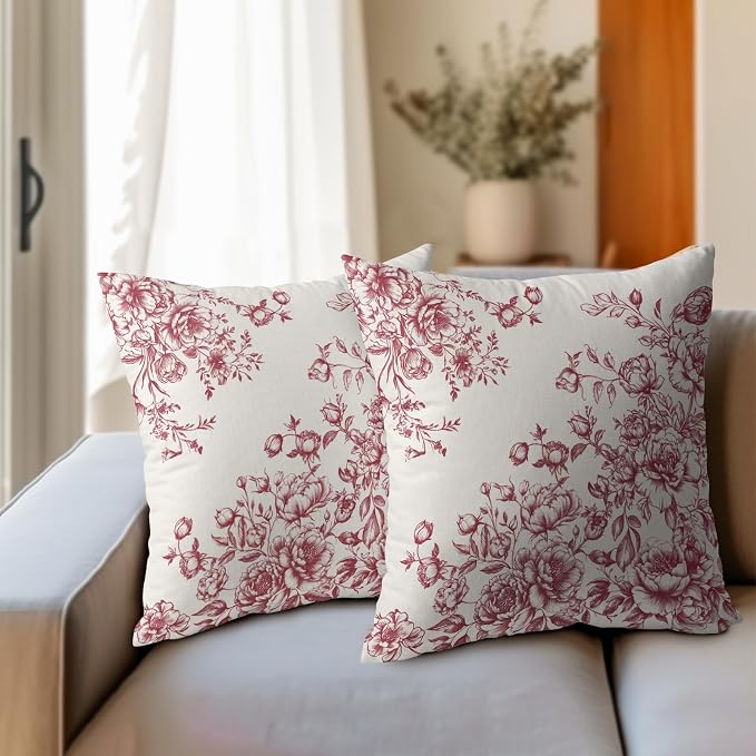 Kawani Vintage Flowers Throw Pillow Covers 22x22, 2Pcs Rose Pink Chinoiserie Chic Floral Cotton Linen Square Pillowcases Couch Sofa Cushion Cover for Home Outdoor Indoor Car Office Decor