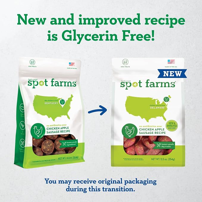 Spot Farms® Chicken Apple Sausage Dog Treats 12.5 oz | Human Grade, No corn, No wheat, No soy, Glycerin Free, Made in the USA