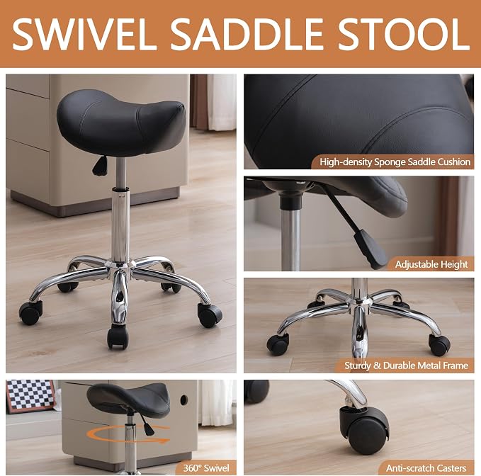 FIRAVOE Saddle Stool, Swivel Saddle Stools with Wheels, Adjustable Rolling Stool 18"-26", Faux Leather Rolling Saddle Stool for Salon, Massage, Clinic, Lab, Office (Black, 1PCS (18"-26"))
