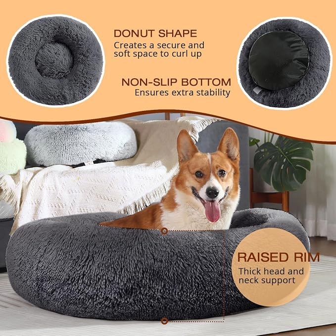 JOLLYVOGUE Dog Beds Large Sized Dog, Calming Anti-Anxiety Dog Bed, Fluffy Donut Cushion for Extra Large Pets (45")