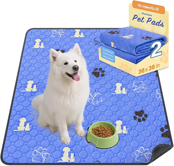 WanpeeGoo Washable Pee Pads for Dogs, Waterproof, 36 x 36 in, 2 Pack, Blue | Super Absorbent, Waterproof and Non-Slip; Washable, Reusable Dog Pads for Crates, Playpens, Floors, Furniture and Travel