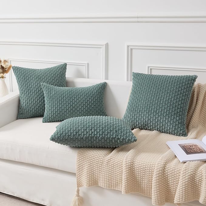Kevin Textile Soft Corduroy 14"x22" Lumbar Pillow Cover 1 Pack, Teal Green | Boho Stripe Plush Corduroy Decorative Oblong Cushion Cover Modern Farmhouse Home Decor for Sofa Couch Bed Chair
