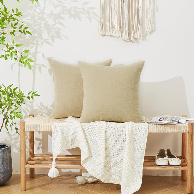 GAWAMAY Decorative Square Throw Pillow Covers 20x20 Inch Set of 2, Super Soft Chenille Pillows Farmhouse Fall Pillowcase for Living Room Bedroom Sofa Couch Cushion Cover Khaki 50x50cm (No Insert)