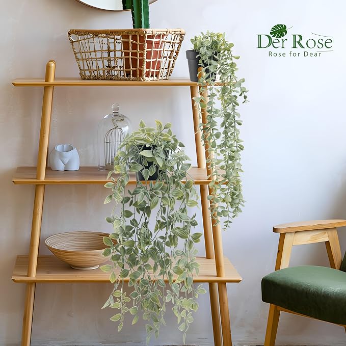 Der Rose 2Pcs Fake Hanging Plants with Black Pot for Bathroom Shelf Decor | Boho cascading eucalyptus and mandala vine creates a modern natural accent, adding depth to office, bookcase, bedroom decor
