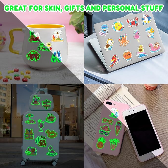 96 PCS Hello Summer Beach Pool Hawaiian Pre-Cut Luminous Glow in the dark Temporary Tattoos for Kids | Super Cute Themed Birthday Party Favors Supplies Decorations, Fake Tattoos Gifts for Boys Girls